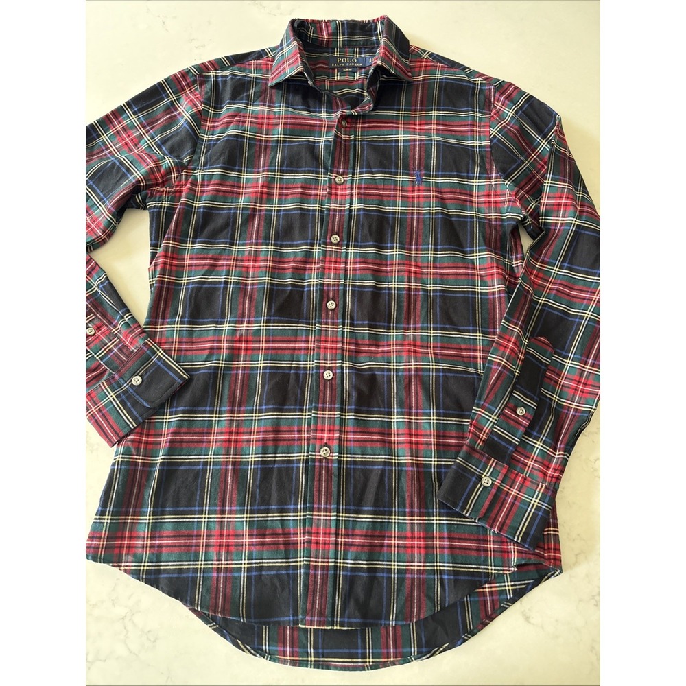 Polo Ralph Lauren Shirt Mens S Black Red Tartan Plaid Button Up Slim Fit Cotton
